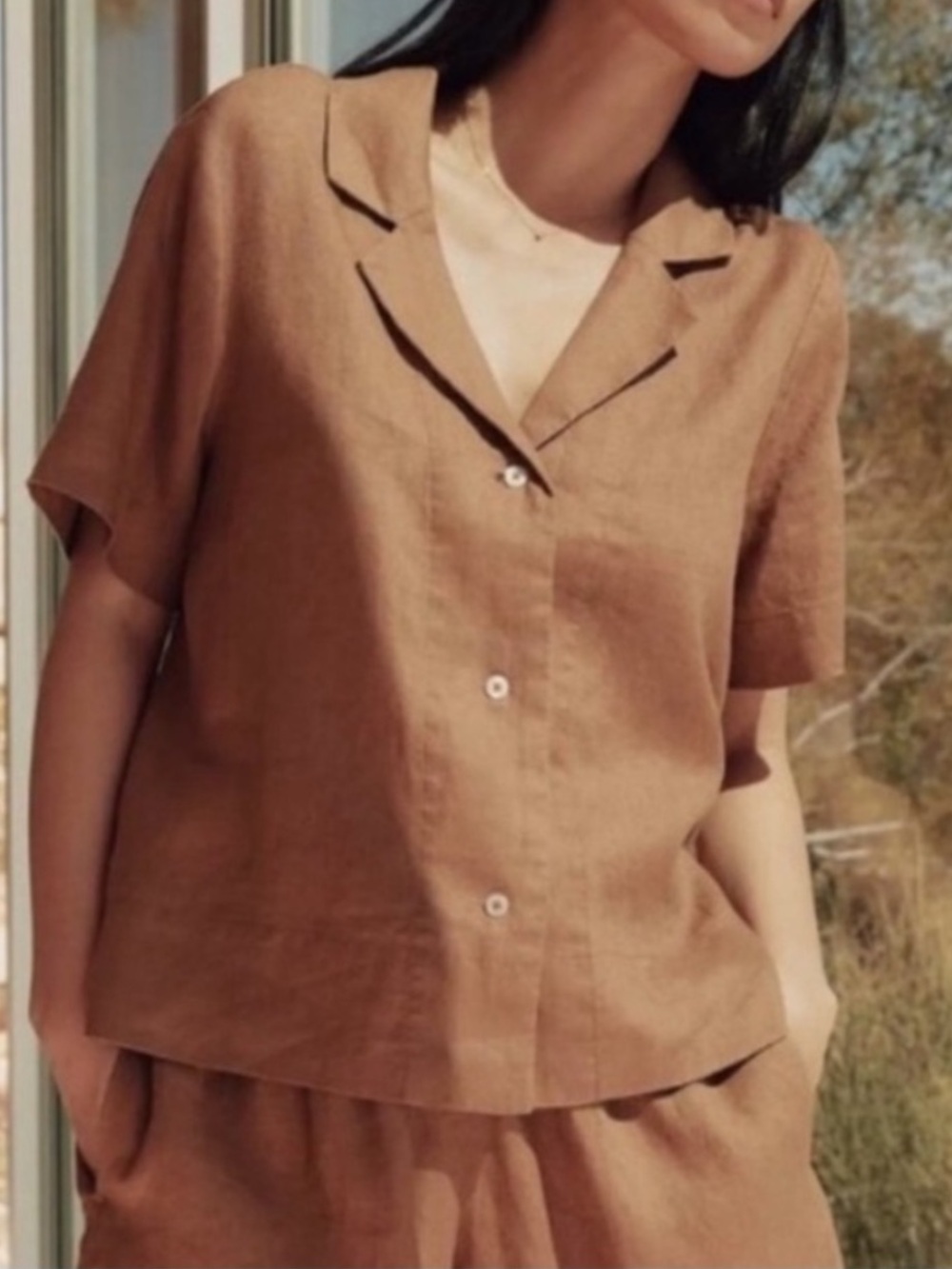 Quince 100% European Linen Short Sleeve Shirt Button Down Golden Brown Sz XS